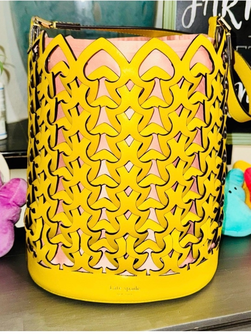 kate spade Yellow Cutout Leather Bucket Shoulder Bag with Pink Liner - Picture 8 of 9